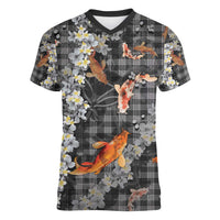 Black Palaka Hawaiian And Japanese Women V-Neck T-Shirt Sakura Lei With Koi Fish - Polynesian Pride