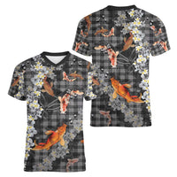 Black Palaka Hawaiian And Japanese Women V-Neck T-Shirt Sakura Lei With Koi Fish DT05 - Polynesian Pride
