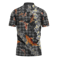 Black Palaka Hawaiian And Japanese Zipper Polo Shirt Sakura Lei With Koi Fish - Polynesian Pride