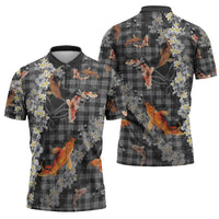 Black Palaka Hawaiian And Japanese Zipper Polo Shirt Sakura Lei With Koi Fish - Polynesian Pride
