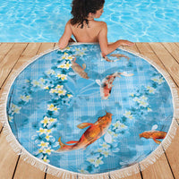 Blue Palaka Hawaiian And Japanese Beach Blanket Sakura Lei With Koi Fish - Polynesian Pride