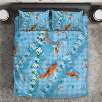 Blue Palaka Hawaiian And Japanese Bedding Set Sakura Lei With Koi Fish - Polynesian Pride
