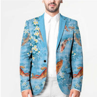 Blue Palaka Hawaiian And Japanese Blazer Sakura Lei With Koi Fish - Polynesian Pride