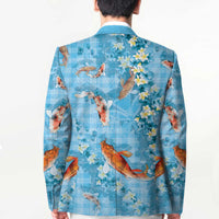 Blue Palaka Hawaiian And Japanese Blazer Sakura Lei With Koi Fish - Polynesian Pride
