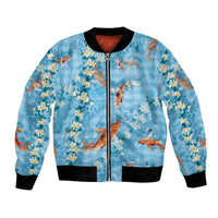 Blue Palaka Hawaiian And Japanese Bomber Jacket Sakura Lei With Koi Fish - Polynesian Pride
