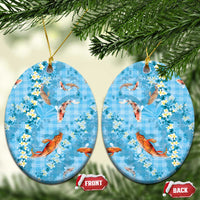 Blue Palaka Hawaiian And Japanese Ceramic Ornament Sakura Lei With Koi Fish - Polynesian Pride