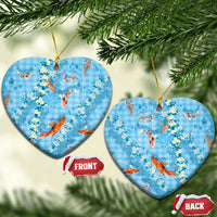 Blue Palaka Hawaiian And Japanese Ceramic Ornament Sakura Lei With Koi Fish - Polynesian Pride