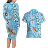 Blue Palaka Hawaiian And Japanese Couples Matching Long Sleeve Bodycon Dress and Hawaiian Shirt Sakura Lei With Koi Fish - Polynesian Pride