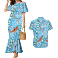 Blue Palaka Hawaiian And Japanese Couples Matching Mermaid Dress and Hawaiian Shirt Sakura Lei With Koi Fish - Polynesian Pride