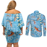 Blue Palaka Hawaiian And Japanese Couples Matching Off Shoulder Short Dress and Long Sleeve Button Shirt Sakura Lei With Koi Fish - Polynesian Pride