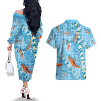 Blue Palaka Hawaiian And Japanese Couples Matching Off The Shoulder Long Sleeve Dress and Hawaiian Shirt Sakura Lei With Koi Fish - Polynesian Pride