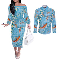Blue Palaka Hawaiian And Japanese Couples Matching Off The Shoulder Long Sleeve Dress and Long Sleeve Button Shirt Sakura Lei With Koi Fish - Polynesian Pride