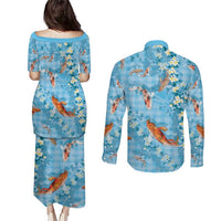 Blue Palaka Hawaiian And Japanese Couples Matching Puletasi and Long Sleeve Button Shirt Sakura Lei With Koi Fish DT05 - Polynesian Pride