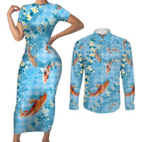 Blue Palaka Hawaiian And Japanese Couples Matching Short Sleeve Bodycon Dress and Long Sleeve Button Shirt Sakura Lei With Koi Fish DT05 Blue - Polynesian Pride