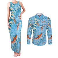 Blue Palaka Hawaiian And Japanese Couples Matching Tank Maxi Dress and Long Sleeve Button Shirt Sakura Lei With Koi Fish - Polynesian Pride