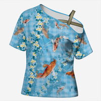 Blue Palaka Hawaiian And Japanese Cross Shoulder Shirt Sakura Lei With Koi Fish - Polynesian Pride