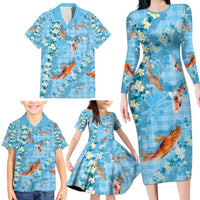 Blue Palaka Hawaiian And Japanese Family Matching Long Sleeve Bodycon Dress and Hawaiian Shirt Sakura Lei With Koi Fish DT05 - Polynesian Pride