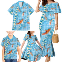 Blue Palaka Hawaiian And Japanese Family Matching Mermaid Dress and Hawaiian Shirt Sakura Lei With Koi Fish DT05 - Polynesian Pride