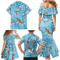 Blue Palaka Hawaiian And Japanese Family Matching Mermaid Dress and Hawaiian Shirt Sakura Lei With Koi Fish DT05 - Polynesian Pride