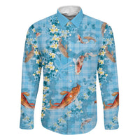 Blue Palaka Hawaiian And Japanese Family Matching Mermaid Dress and Hawaiian Shirt Sakura Lei With Koi Fish DT05 Dad's Shirt - Long Sleeve Blue - Polynesian Pride
