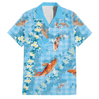 Blue Palaka Hawaiian And Japanese Family Matching Off The Shoulder Long Sleeve Dress and Hawaiian Shirt Sakura Lei With Koi Fish DT05 Dad's Shirt - Short Sleeve Blue - Polynesian Pride
