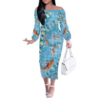 Blue Palaka Hawaiian And Japanese Family Matching Off The Shoulder Long Sleeve Dress and Hawaiian Shirt Sakura Lei With Koi Fish - Polynesian Pride