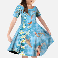 Blue Palaka Hawaiian And Japanese Family Matching Off Shoulder Maxi Dress and Hawaiian Shirt Sakura Lei With Koi Fish - Polynesian Pride