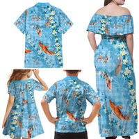 Blue Palaka Hawaiian And Japanese Family Matching Off Shoulder Maxi Dress and Hawaiian Shirt Sakura Lei With Koi Fish - Polynesian Pride