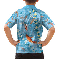 Blue Palaka Hawaiian And Japanese Family Matching Off Shoulder Short Dress and Hawaiian Shirt Sakura Lei With Koi Fish - Polynesian Pride