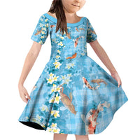 Blue Palaka Hawaiian And Japanese Family Matching Off Shoulder Short Dress and Hawaiian Shirt Sakura Lei With Koi Fish - Polynesian Pride