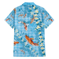 Blue Palaka Hawaiian And Japanese Family Matching Off Shoulder Short Dress and Hawaiian Shirt Sakura Lei With Koi Fish - Polynesian Pride