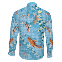 Blue Palaka Hawaiian And Japanese Family Matching Off Shoulder Short Dress and Hawaiian Shirt Sakura Lei With Koi Fish - Polynesian Pride