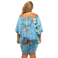 Blue Palaka Hawaiian And Japanese Family Matching Off Shoulder Short Dress and Hawaiian Shirt Sakura Lei With Koi Fish - Polynesian Pride