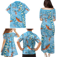 Blue Palaka Hawaiian And Japanese Family Matching Puletasi and Hawaiian Shirt Sakura Lei With Koi Fish - Polynesian Pride