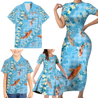 Blue Palaka Hawaiian And Japanese Family Matching Short Sleeve Bodycon Dress and Hawaiian Shirt Sakura Lei With Koi Fish DT05 - Polynesian Pride
