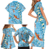 Blue Palaka Hawaiian And Japanese Family Matching Short Sleeve Bodycon Dress and Hawaiian Shirt Sakura Lei With Koi Fish - Polynesian Pride