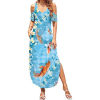 Blue Palaka Hawaiian And Japanese Family Matching Summer Maxi Dress and Hawaiian Shirt Sakura Lei With Koi Fish DT05 Mom's Dress Blue - Polynesian Pride