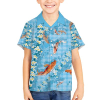 Blue Palaka Hawaiian And Japanese Family Matching Summer Maxi Dress and Hawaiian Shirt Sakura Lei With Koi Fish DT05 Son's Shirt Blue - Polynesian Pride