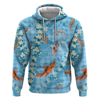 Blue Palaka Hawaiian And Japanese Hoodie Sakura Lei With Koi Fish - Polynesian Pride