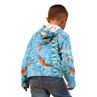 Blue Palaka Hawaiian And Japanese Kid Hoodie Sakura Lei With Koi Fish - Polynesian Pride
