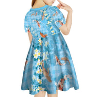 Blue Palaka Hawaiian And Japanese Kid Short Sleeve Dress Sakura Lei With Koi Fish - Polynesian Pride