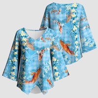 Blue Palaka Hawaiian And Japanese Kimono Sleeve Blouse Sakura Lei With Koi Fish - Polynesian Pride