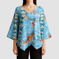 Blue Palaka Hawaiian And Japanese Kimono Sleeve Blouse Sakura Lei With Koi Fish - Polynesian Pride