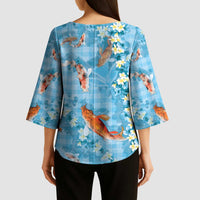 Blue Palaka Hawaiian And Japanese Kimono Sleeve Blouse Sakura Lei With Koi Fish - Polynesian Pride