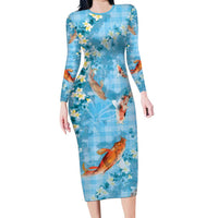 Blue Palaka Hawaiian And Japanese Long Sleeve Bodycon Dress Sakura Lei With Koi Fish - Polynesian Pride