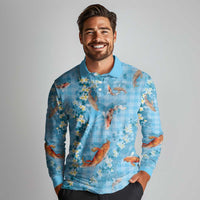 Blue Palaka Hawaiian And Japanese Long Sleeve Polo Shirt Sakura Lei With Koi Fish - Polynesian Pride