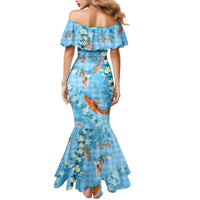 Blue Palaka Hawaiian And Japanese Mermaid Dress Sakura Lei With Koi Fish - Polynesian Pride