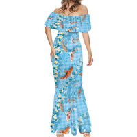Blue Palaka Hawaiian And Japanese Mermaid Dress Sakura Lei With Koi Fish - Polynesian Pride