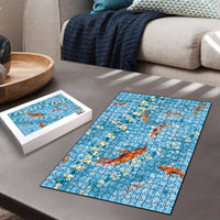 Blue Palaka Hawaiian And Japanese Puzzle Sakura Lei With Koi Fish - Polynesian Pride