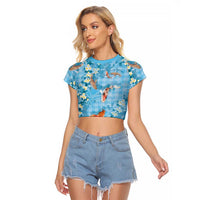 Blue Palaka Hawaiian And Japanese Raglan Cropped T Shirt Sakura Lei With Koi Fish - Polynesian Pride